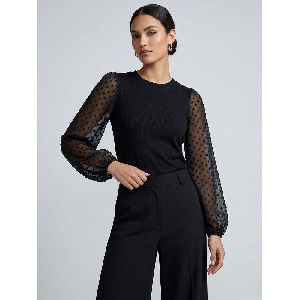 Maeve Anthropologie Black Swiss Dot Sheer Mesh Balloon Sleeve Knit Top XS